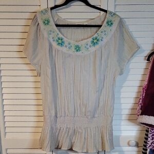 Cato Cream Blouse with Blue Floral Embroidery